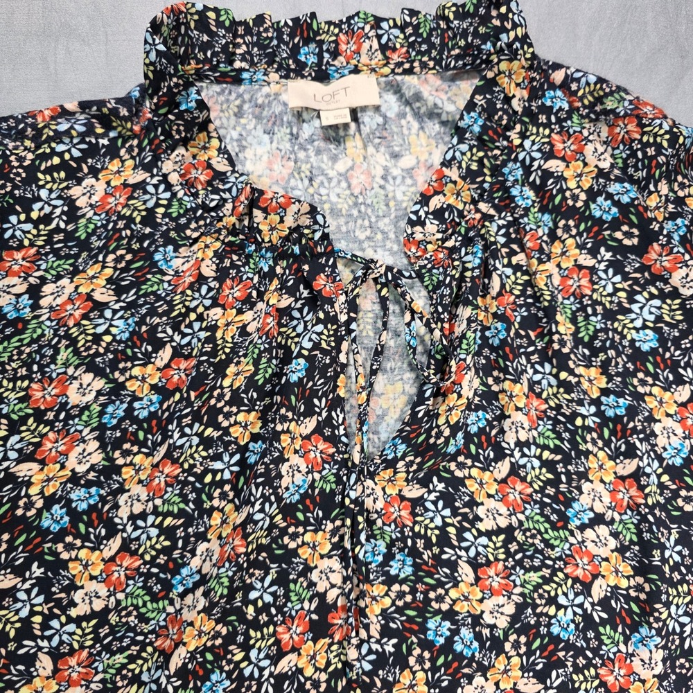 LOFT Outlet Womens Small Floral Ruffle Tie Neck Blouse Black Multi Long Sleeve - Picture 6 of 7